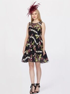 Derby graduation Floral CLASSIC GOTH Wedding guest Black sleeveless sheer Tahari